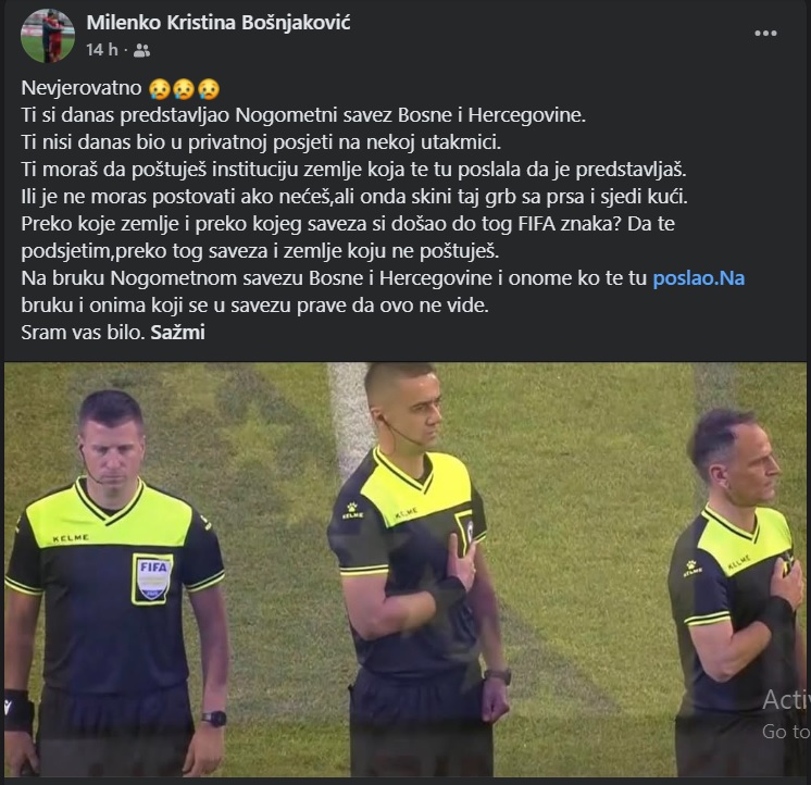 Milenko Bošnjaković o sudiji koji je ignorisao himnu BiH: Skini taj grb i idi kući, sram te bilo